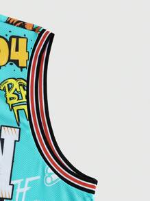 ROMWE MEN Prep Men's Casual Round Neck Sleeveless Basketball Jersey Style Tank Top With Letter Print, Summer, School - Multicolor - View 3