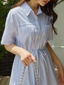 DAZY 女士短袖中长款收腰衬衫裙连衣裙，休闲女式连衣裙长裙 - 藍色 - 查看 3