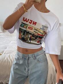 Livesso 宽松圆领短袖女士T恤图案字母印花夏季图形T恤超大码T恤 - 白色 - 查看 3