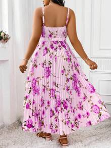 SHEIN Holidaya Váy hai dây xếp ly in hoa thanh lịch cỡ lớn, trang phục Maxi mùa hè cho nữ - Màu Lilac Tím - Xem 2