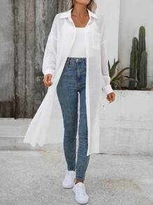SHEIN LUNE Dames casual dagelijks lang wit overhemd met gestructureerde effen kleur