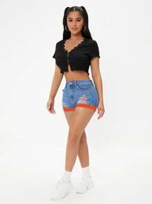 SHEIN PETITE Damen Denim Shorts in Lässig Style mit Kontrastfarben Taschen und gewollter Zerstörungseffekt