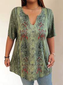 大码女式宽松花卉印花缺口 V 领短袖休闲 T 恤，夏季图案 T 恤女式上衣 - 軍綠色 - 查看 4