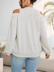 Calvaya Plus Size Nữ Hình Học Sọc Đậm Hở Vai Dài Tay Dáng Rộng, Mùa Xuân/Hè - Màu be - Xem 2