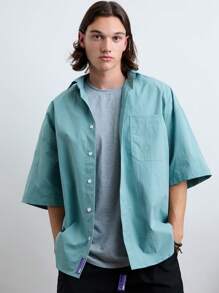 Manfinity VCAY Men's Fashionable Daily Young Casual Solid Color Loose Short Sleeve Shirt T-Shirt Shorts 3pcs/Set.Green  Basic Shirt  .Cargo Men Shirt.Grey  T Shirt - Mint Green - View 4