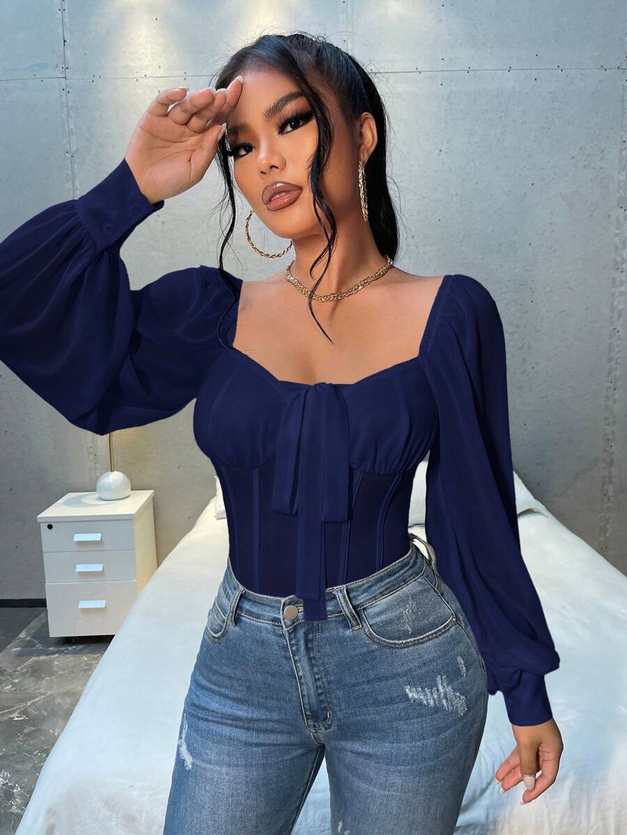 SHEIN SXY Spring And Summer Sweetheart Neckline Knot-Front Long-Sleeved Chiffon Shirt,Long Sleeve Tops - Navy Blue - View 1