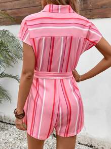 SHEIN LUNE Mono de manga corta casual para mujer con estampado de bloques de color y rayas impresas