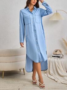 Ladies'summer Casual Denim Effect Roll-Tab Sleeve Button-Front Shirt Dress - Blue - View 4