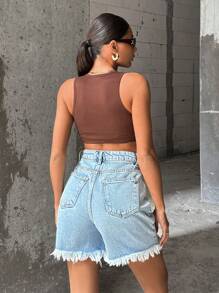 Medium Cut-Off Denim Shorts With Distressed Frayed Hem, High Waist - Light Wash - View 2