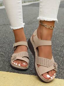 Women's Hollow Cross Strappy Comfortable Lightweight Wedge Sandals With Metal Buckle And Stylish Chunky Heel Soles