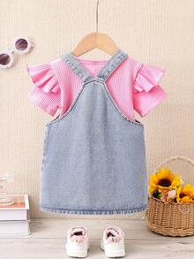 Overol de mezclilla bordado para bebé niña con blusa de manga corta sólida - Rosa - Ver 2