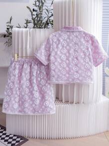 SHEIN Set Áo Hai Mảnh Phối Ren Nơ Thanh Lịch Cho Bé Gái Tween Cho Mùa Cưới - Màu tím - Xem 2