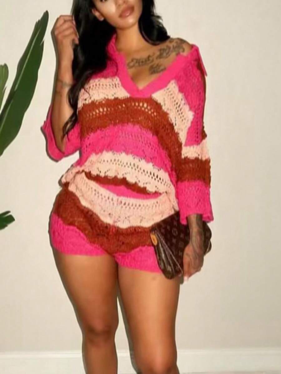 Zolique Sexy Slim-Fit Hollow Out Knit Long Sleeve V-Neck Wave Pattern Multicolor Women's Knitted Sweater Top, Casual, Fall Winter - Multicolor - View 1