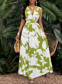 SHEIN VaVaLuxe Vestido largo de vacaciones con impresión tropical, cuello en V profundo y corte ajustado en la cintura estilo 'fit-and-flare' - Verde - Ver 5
