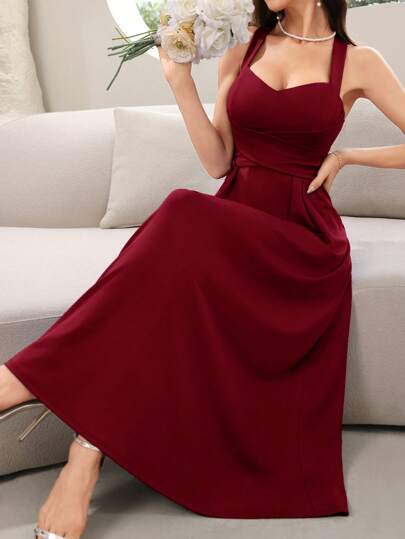 SHEIN Modely Vestido camisero rojo burdeos con espalda descubierta y diseño cruzado