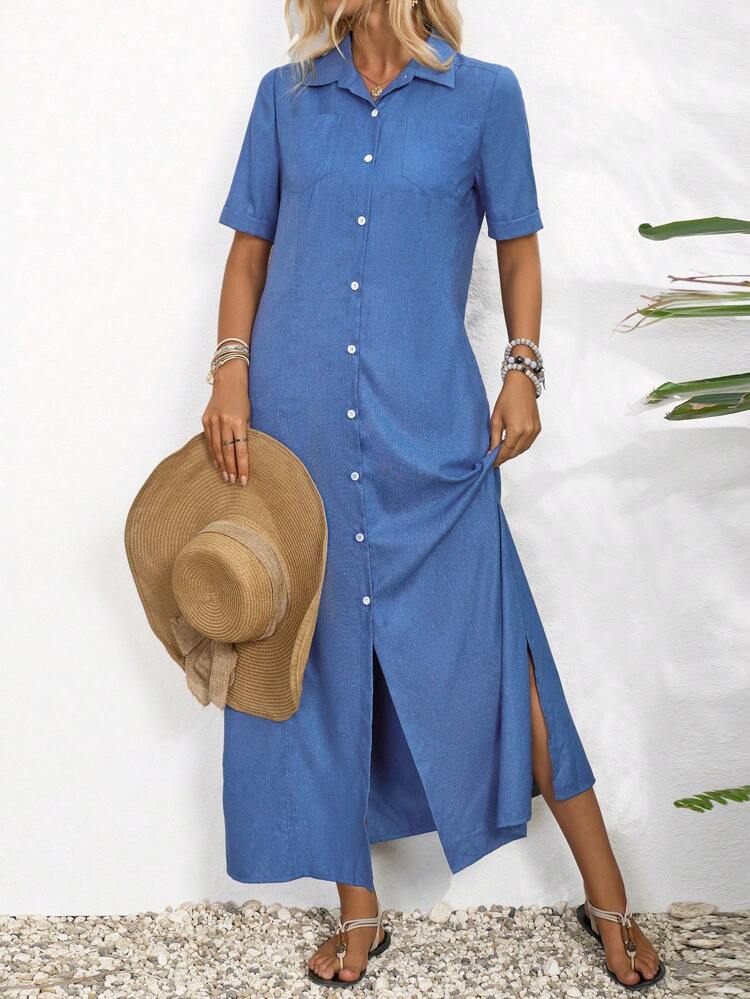 Summer Women's Solid Color Short Sleeve Casual Shirt Dress With Single-Breasted Button