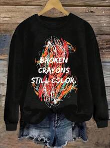 SHEIN LUNE Áo nỉ dáng rộng thoải mái với họa tiết vẽ nguệch ngoạc sáng tạo, in chuyển nhiệt, BROKEN CRAYONS STILL COLOR (Những chiếc bút chì màu gãy vẫn còn màu) - Áo chui đầu mùa thu đông. - màu đen - Xem 3