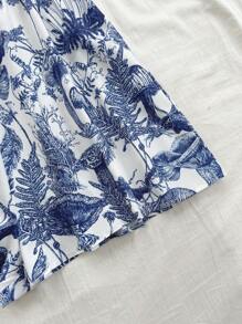 Soleia 女式藍白印花蓬蓬袖方領收腰A字裙，適合於度假 - 藍色 - 查看 4