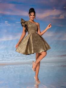 SHEIN Belle Đầm ngắn dự tiệc cocktail bằng vải satin màu vàng kim sang trọng một vai - Vàng - Xem 4