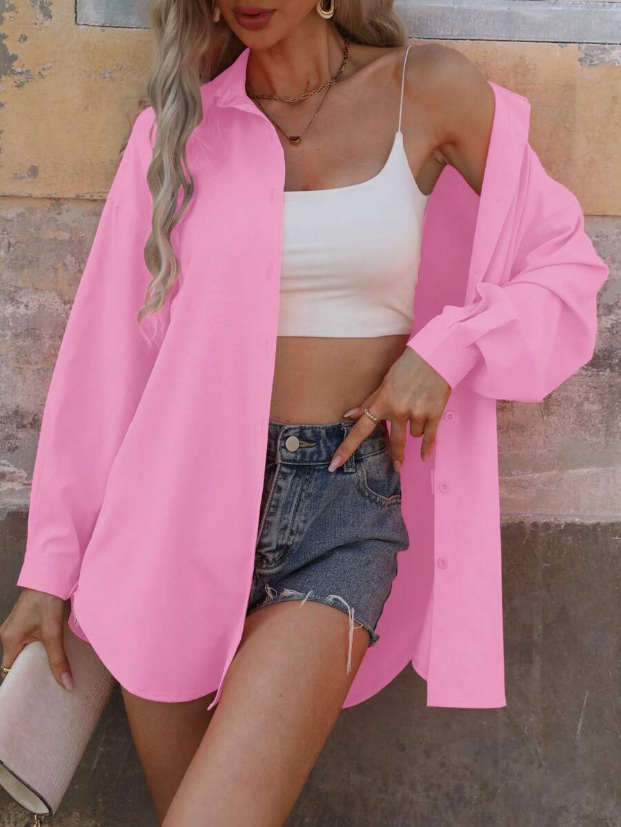 EMERY ROSE Solid Drop Shoulder Shirt For Spring And Summer Fall Cloth For Women - Pink - View 1