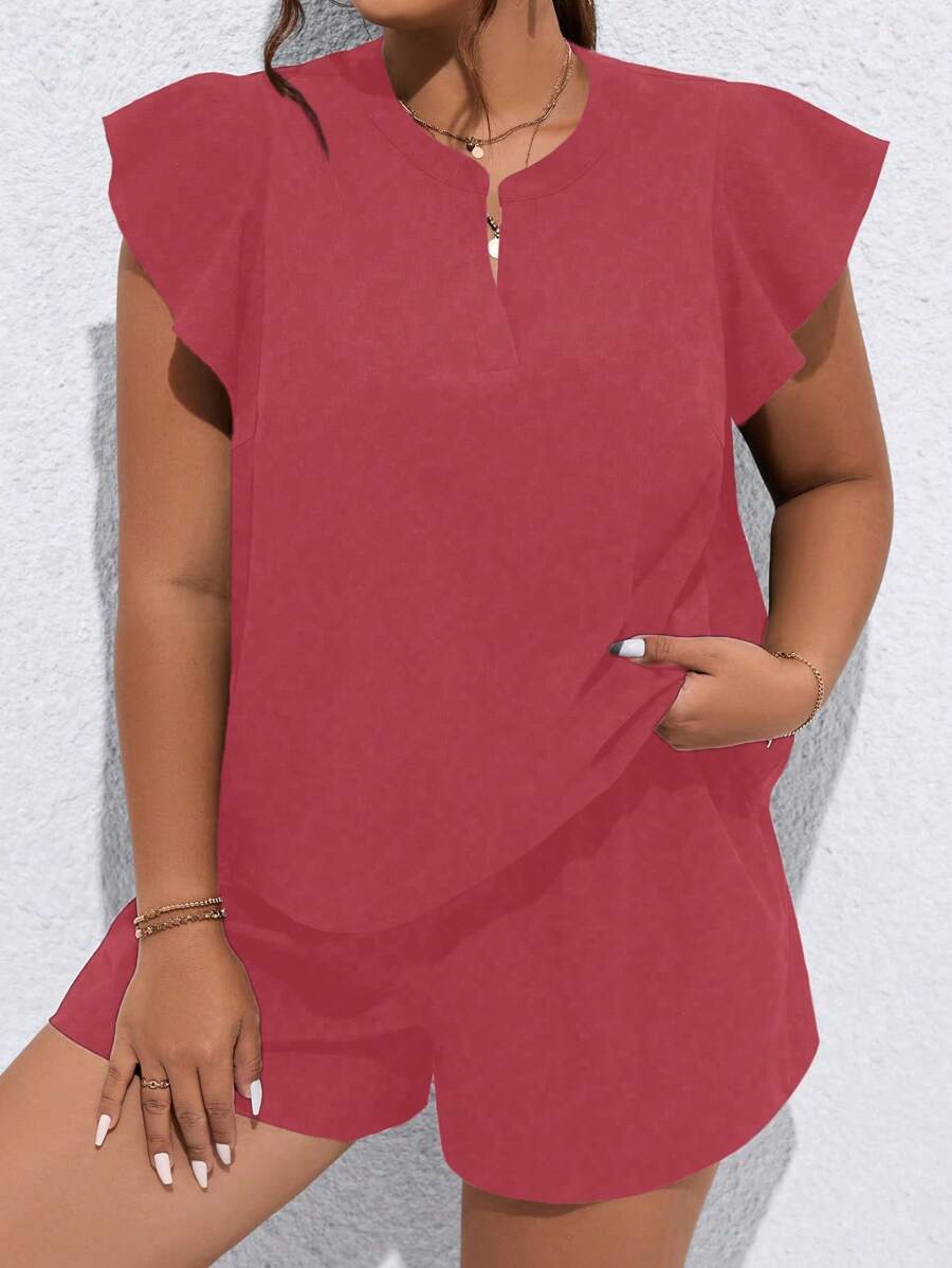 Calvaya Plus Atasan Lengan Kupu-kupu Leher Berlekuk Polos & Celana Pendek untuk Musim Panas - Coral Pink - View 1
