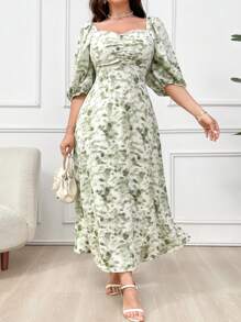 Mulvari 花卉印花褶饰甜心领灯笼袖连衣裙 - 綠色 - 查看 3