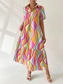 Breezaya Đầm Maxi Cổ Bèo In Họa Tiết Toàn Thân Và Viền Tay Ngắn Cho Nữ Đi Biển Mùa Hè - Nhiều màu - Xem 6