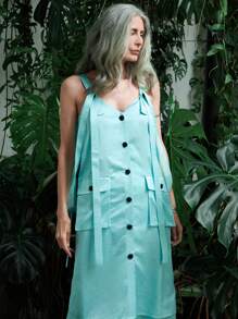 SHEIN LUNE Button Front Flap Pocket Cami Dress - Mint Green - View 3