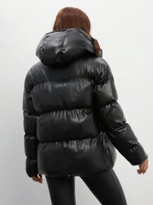 SHEIN Tall Tall Women's Drop Shoulder Zip Up Hooded PU Puffer Coat