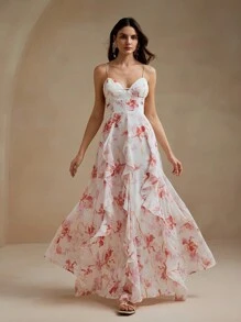 Anewsta Floral Print Sexy Backless Spaghetti Strap Dress With Ruffle Trim - White - View 3