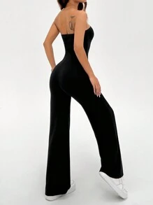 SHEIN EZwear Women's Solid Color Simple Daily Strapless Flared Jumpsuit - Black - View 2