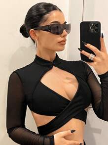 SHEIN ICON 短款立領女上衣，前交叉式設計及透明網紗袖子 - 黑色 - 查看 5