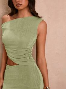 SHEIN BAE 畢業季性感不對稱綠色短袖上衣和迷你裙女裝2件套裝，夏季 - 薄荷綠 - 查看 8