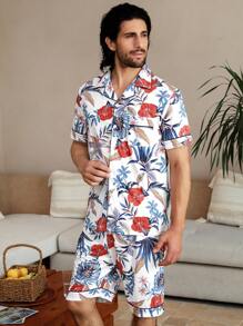 Manfinity ChillVibe Conjunto de ropa de hogar de verano para hombre con estampado floral de manga corta y pantalones cortos