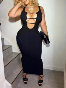 SHEIN Slayr Women's Sexy Slim Fit Hollow Out Sleeveless Summer Solid Color Dress, Long Bodycon Dress - Black - View 6