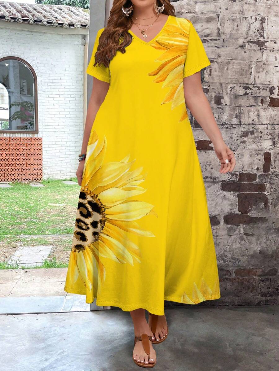 SHEIN VCAY Summer Sunflower Floral Print Slim-Fit Plus Size Dress For Women - Yellow - View 1