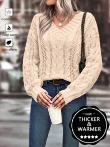 SHEIN LUNE Jersey informal grueso y cálido de mujer con cuello en V y retorcido, de calidad premium mejorada, color albaricoque - Albaricoque - Ver 1