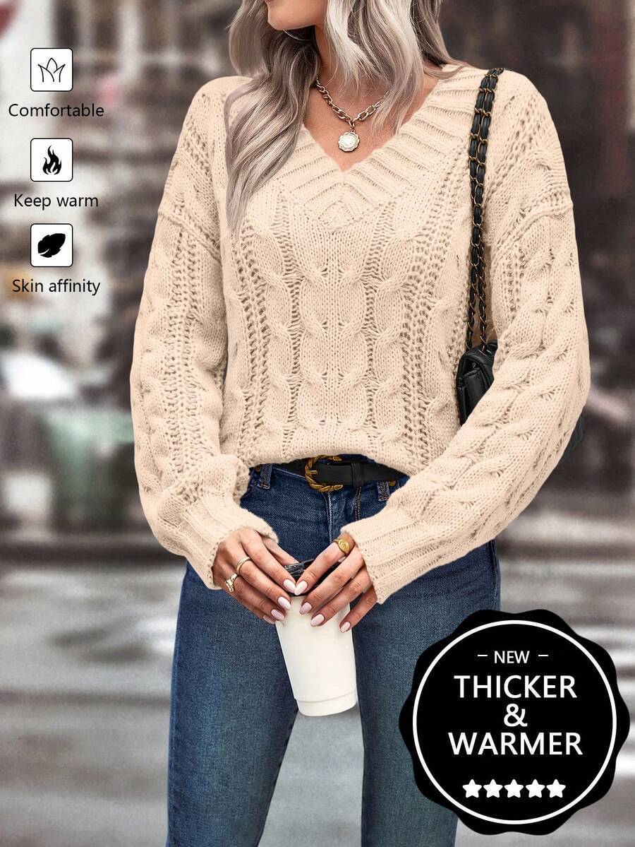 SHEIN LUNE Jersey informal grueso y cálido de mujer con cuello en V y retorcido, de calidad premium mejorada, color albaricoque - Albaricoque - Ver 1