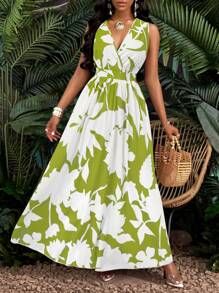 SHEIN VaVaLuxe Vestido largo de vacaciones con impresión tropical, cuello en V profundo y corte ajustado en la cintura estilo 'fit-and-flare' - Verde - Ver 4