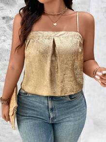 SHEIN Unity Plus Size Women Woven Elegant Shiny Loose Metallic Spaghetti Strap Pleated Camisole For New Year Holiday Party Clothes - Gold - View 8