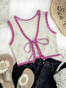 Soleia WYWH假期女士夏季休閑鄉村假日杏綠色對比挖空帶掛勾編織背心 - 彩色 - 查看 4