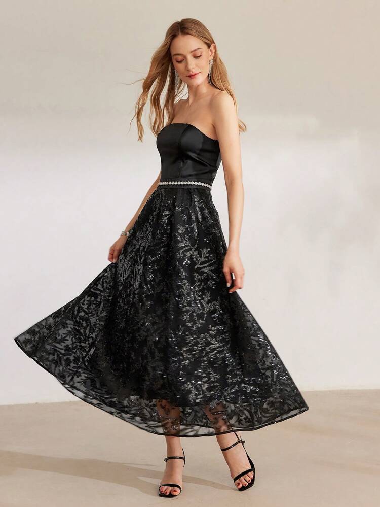 CONTRAST SEQUIN A LINE TUBE DRESS