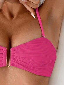 SHEIN Swim Conjunto de bikini de tirantes sólido y texturizado para mujer de verano en la playa - Rosa Fucsia - Ver 4