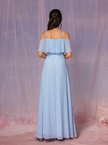 SHEIN Belle Elegante vestido de dama de honor con hombros descubiertos, mangas abullonadas, volantes asimétricos a un lado y abertura alta hasta el muslo, de tela de gasa azul para eventos formales como bodas - Azul - Ver 2