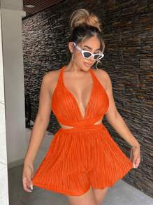 SHEIN SXY Women's Solid Color Halter Back Strap Jumpsuit For Holiday And Casual Wear Holiday Sexy Summer Beach Vacation Boho Women Outfit Pride Clothes Western Wear Birthday Outfit Bachelorette Party Concert Club