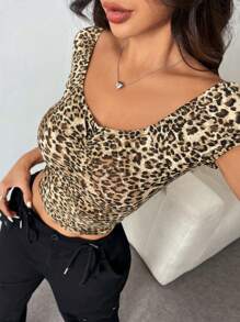 Chiquease Women's Summer Leopard Print Ruched Shoulder Short-Sleeve Slim Fit Fashion T-Shirt - Multicolor - View 1