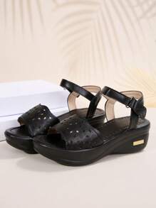 女款夏季新款時尚楔型涼鞋，開放式前端厚底羅馬鞋，輕巧多用 - 黑色 - 查看 7