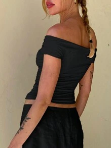 Mystra Damen einfarbiges minimalistisches V-Ausschnitt Off-Shoulder Top für den täglichen Gebrauch