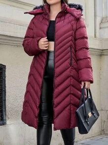 RueChic Plus Size Zip Up Fuzzy Trim Hooded Puffer Coat, For Winter - Red - View 5