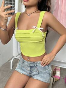 SHEIN Unity 夏季休閒短款修身蝴蝶結裝飾背心，寬肩帶 - 黃色 - 查看 5